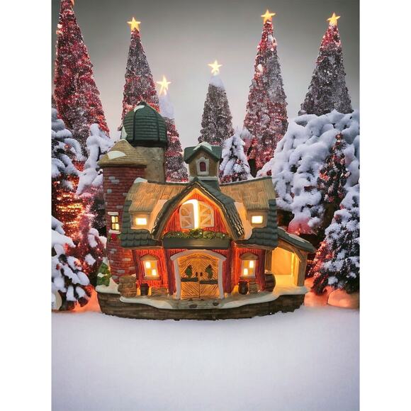 Porcelain, Ceramic Light Up Christmas, Winter Red Snowy Farm Barn, Silo - Picture 2 of 7